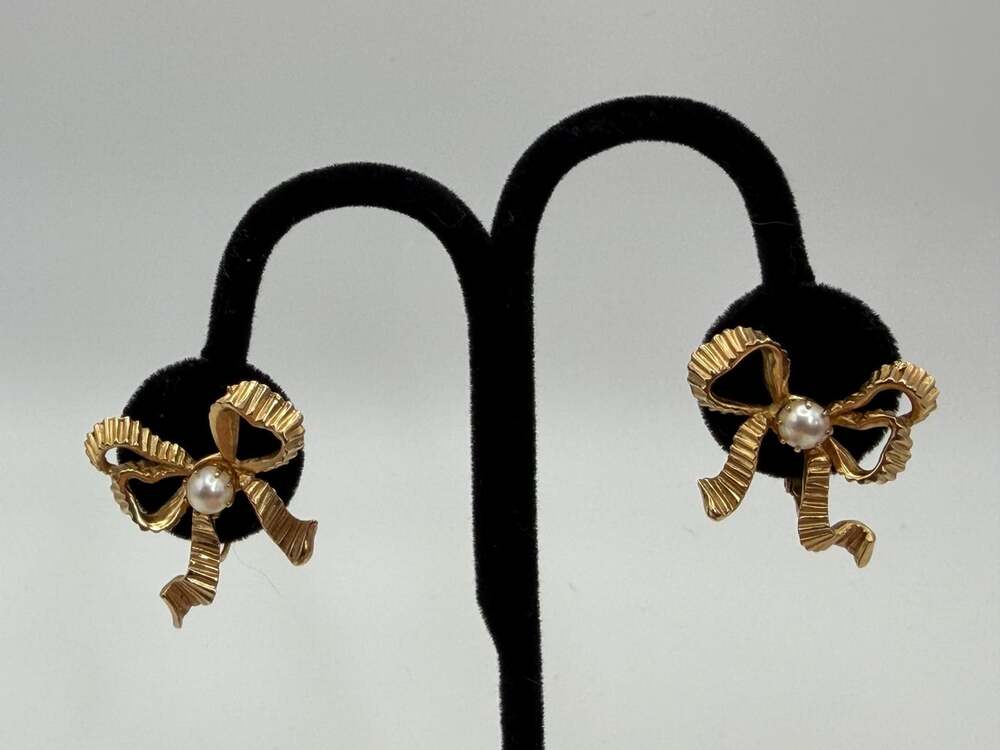 Vintage Marvella Bow Clip On Earrings Gold Tone Faux Pearl Ribbon 1950s 1960s Si